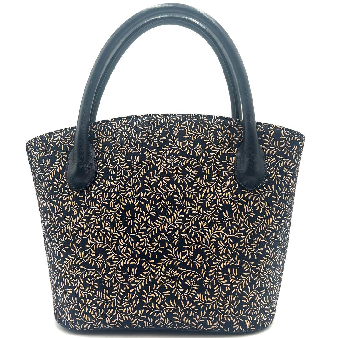 【美品】 印傳屋 インデンヤ ハンドバッグ 唐草模様 ネイビー 甲州印伝