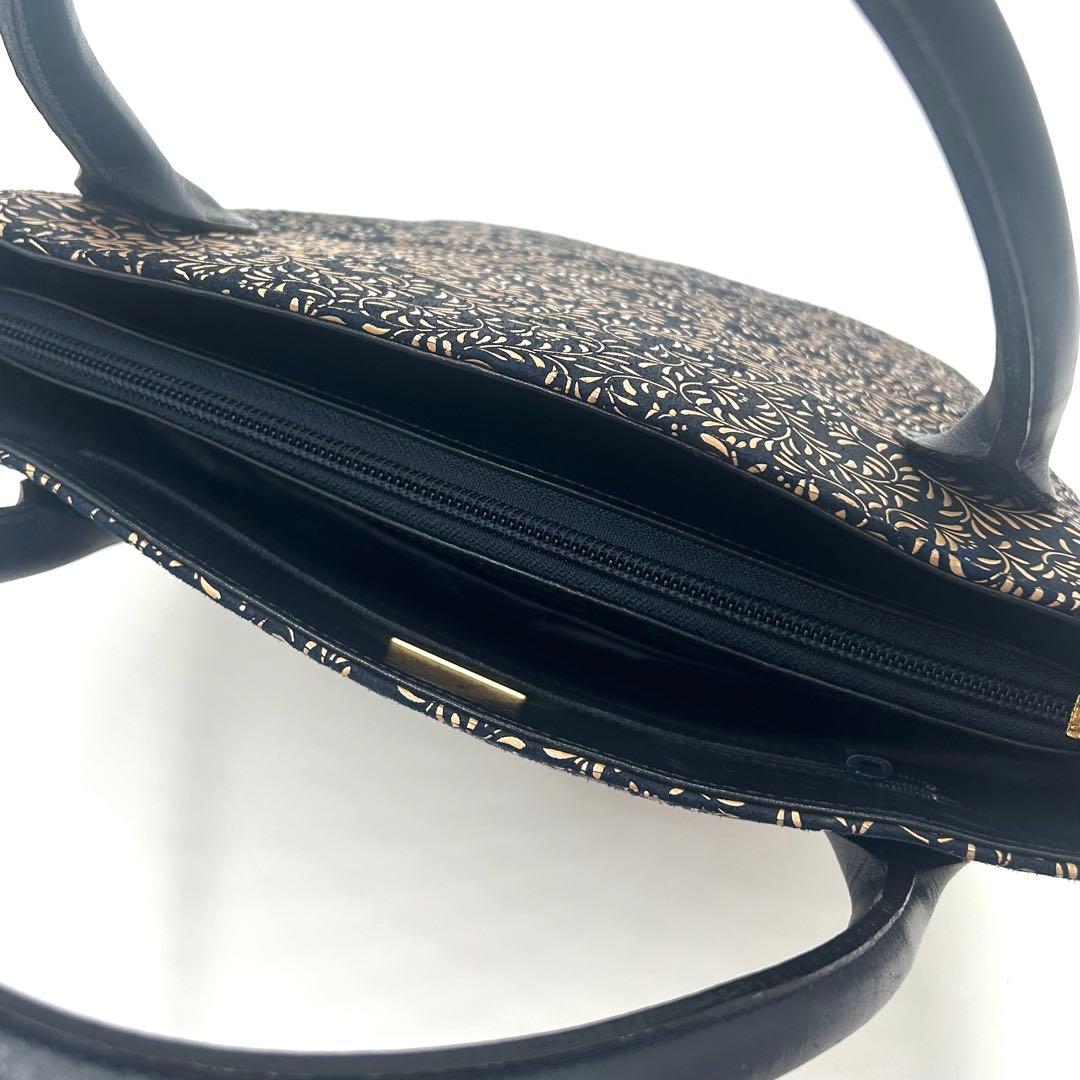 【美品】 印傳屋 インデンヤ ハンドバッグ 唐草模様 ネイビー 甲州印伝