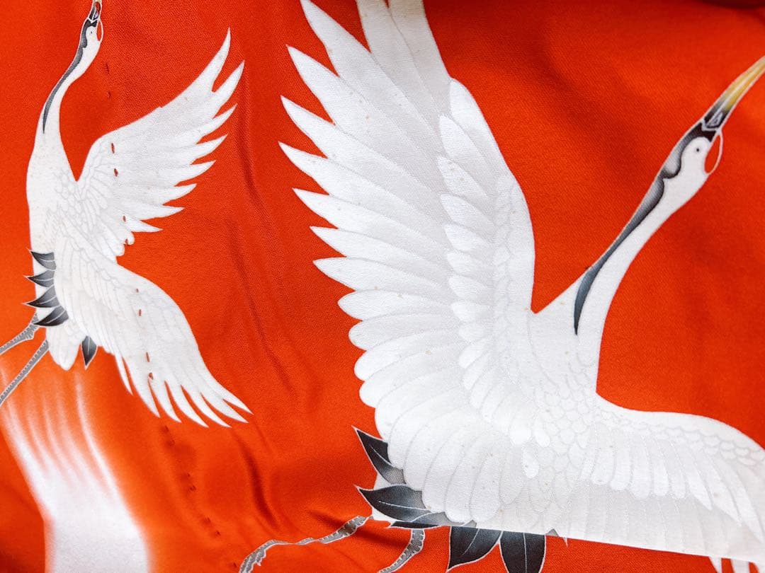 レトロ着物♡七五三　3歳　フルセット　一式　鶴　正絹　総絞り被布　朱色