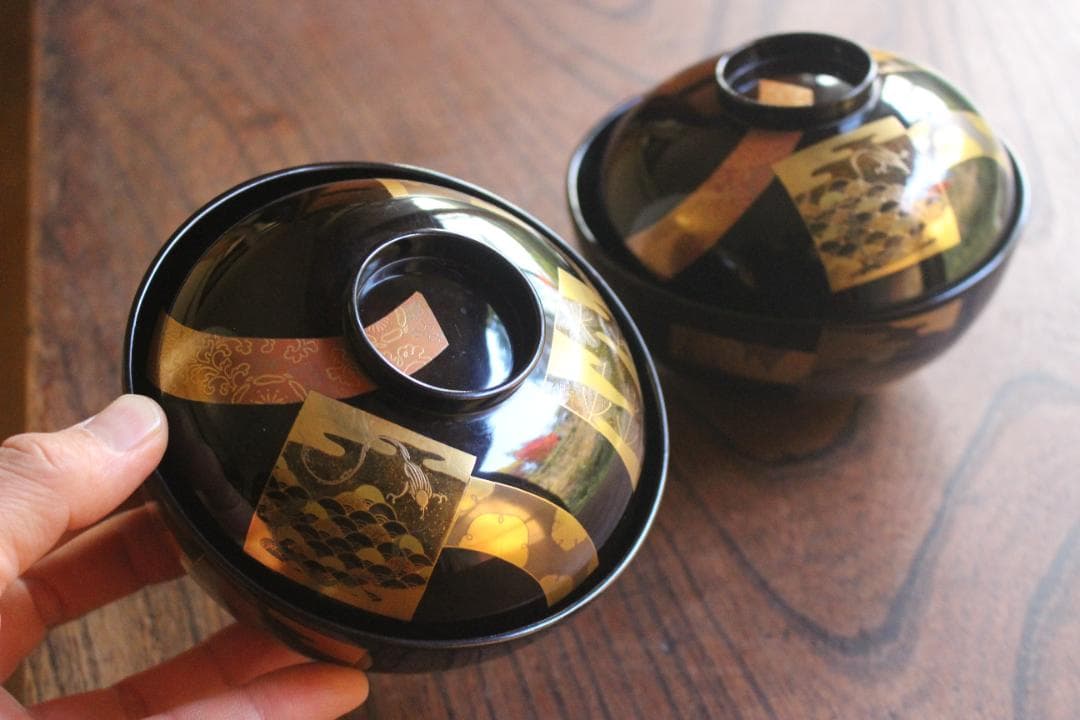 時代逸品！時代黒漆に極上短冊蒔絵の映えるお椀2点（検輪島塗蒔絵椀懐石椀