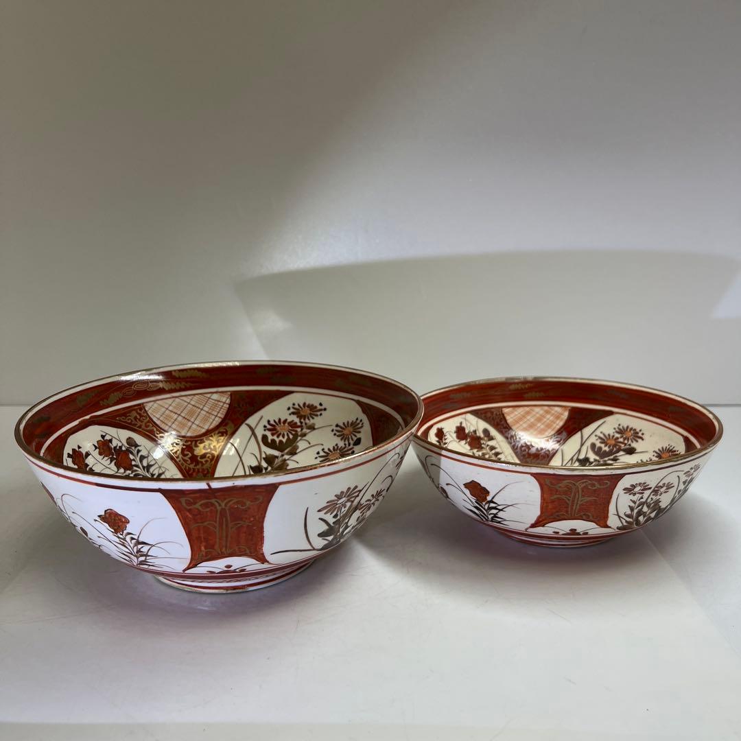明治初期　九谷焼　赤絵人物画鉢大小　口径約21.5/18.5㎝東Y8-0123①