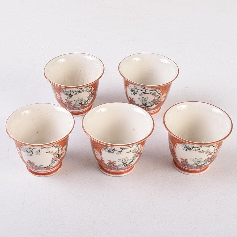 九谷焼　九谷庄三造　赤絵　煎茶碗　五客　湯冷まし　合わせ箱　V　R9020