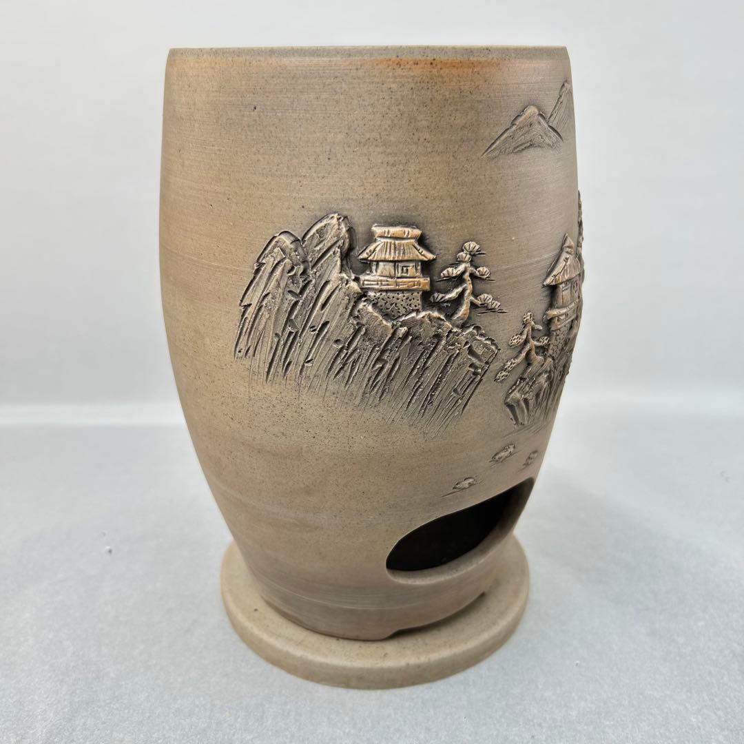 羽柴興誓作 山水彫 涼炉 共箱付 陶製 興誓窯 煎茶道具