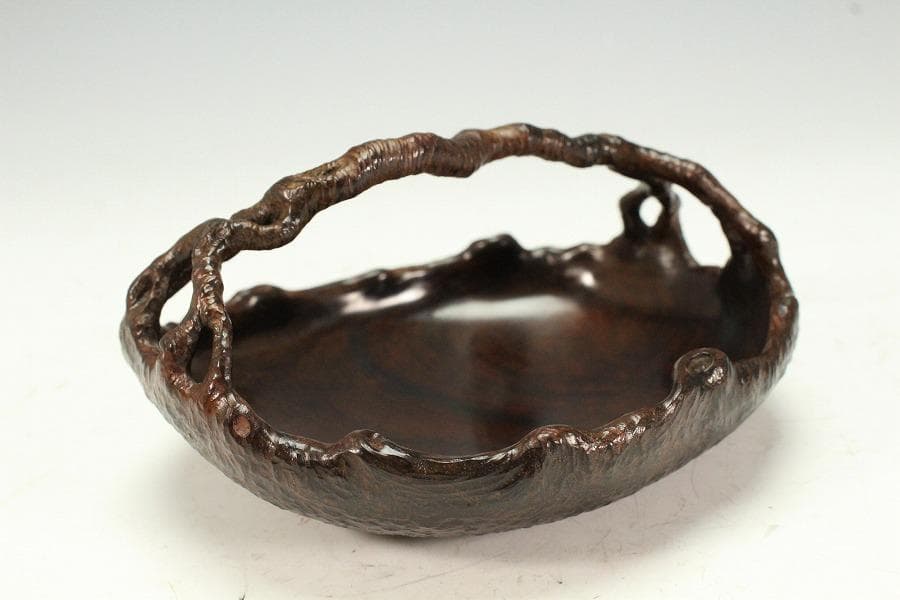 紫檀 刻 手付 皿 13.5cmx12cm 文房四宝(K-HA489)