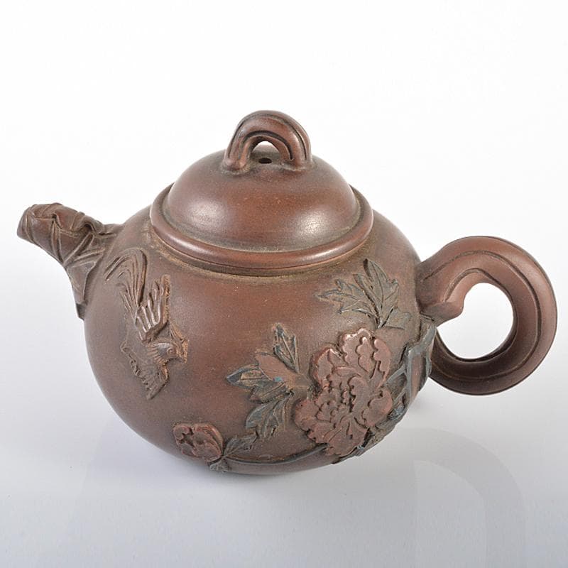 中国　紫砂　朱泥　貼花鳥文　急須　茶壷　在銘　C　R6189 中国 紫砂 朱泥 貼花鳥文 急須 茶壷 在銘 C R6189