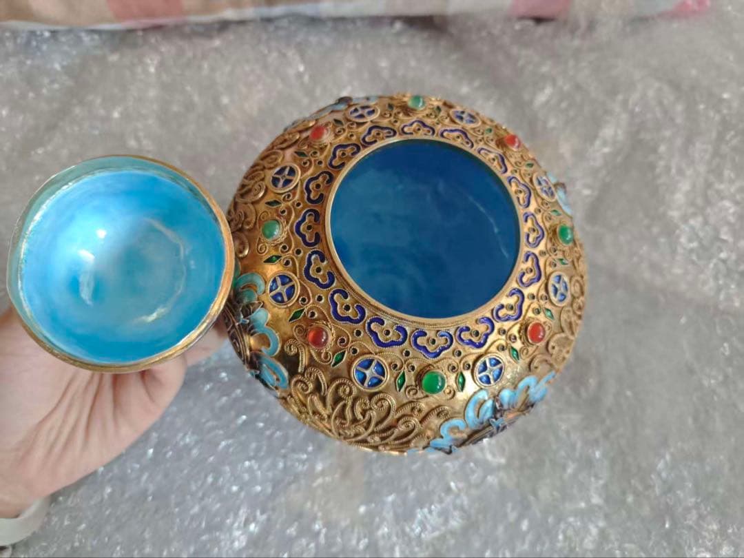 中国美術 銀製 Silver刻印有 七宝 香炉 福壽紋 唐物　622.4g