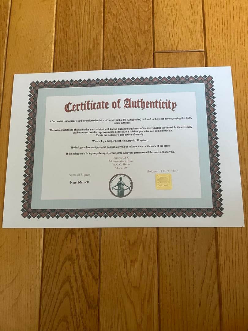 F1 ナイジェルマンセル　ウィリアムズ　ルノー　直筆サイン入り　証明書付き