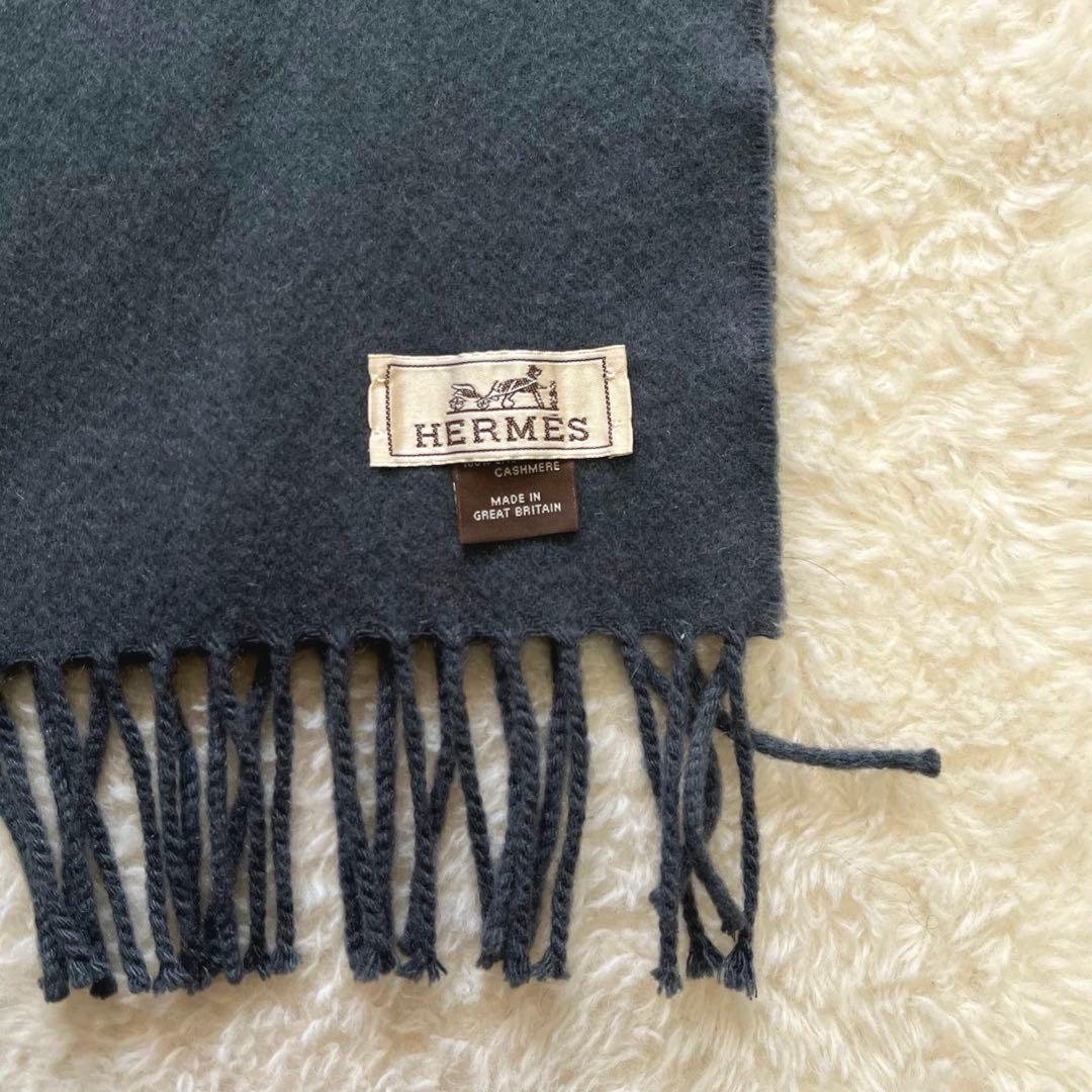 美品 HERMES エルメス グレージュ カシミヤ マフラー タグ 刺繍ロゴ