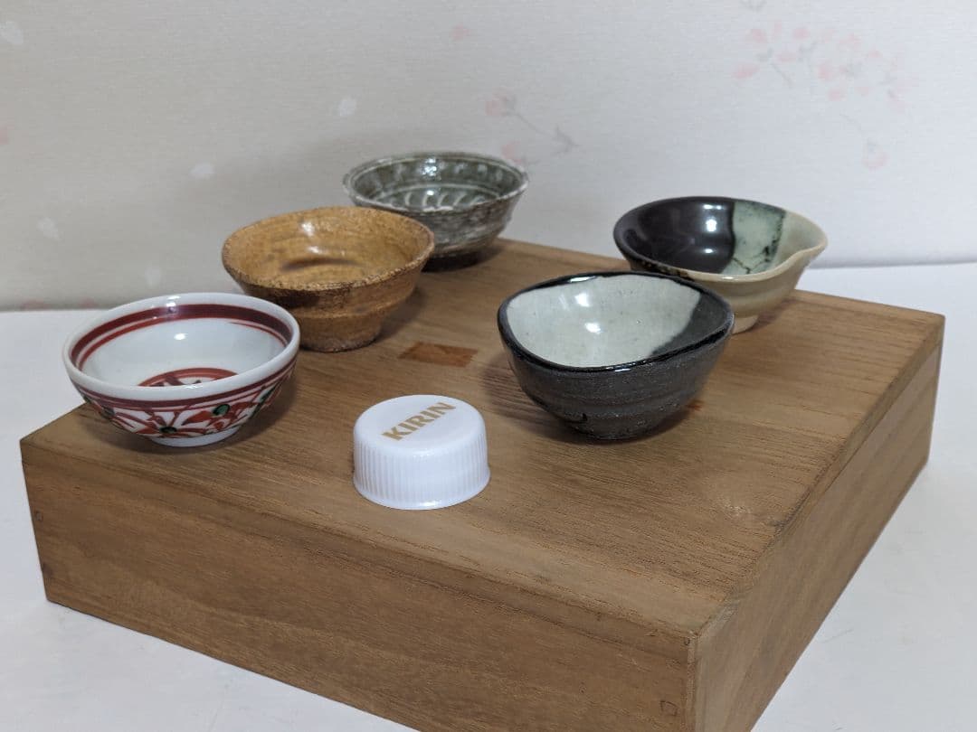 ♦京焼 清水六兵衛窯 色変わり酒器 小盃五種 黄瀬戸 唐津 赤絵九谷 共箱骨董品