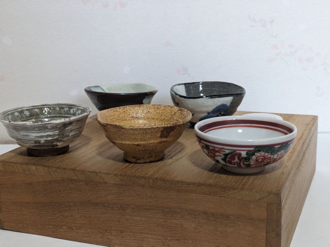 ♦京焼 清水六兵衛窯 色変わり酒器 小盃五種 黄瀬戸 唐津 赤絵九谷 共箱骨董品