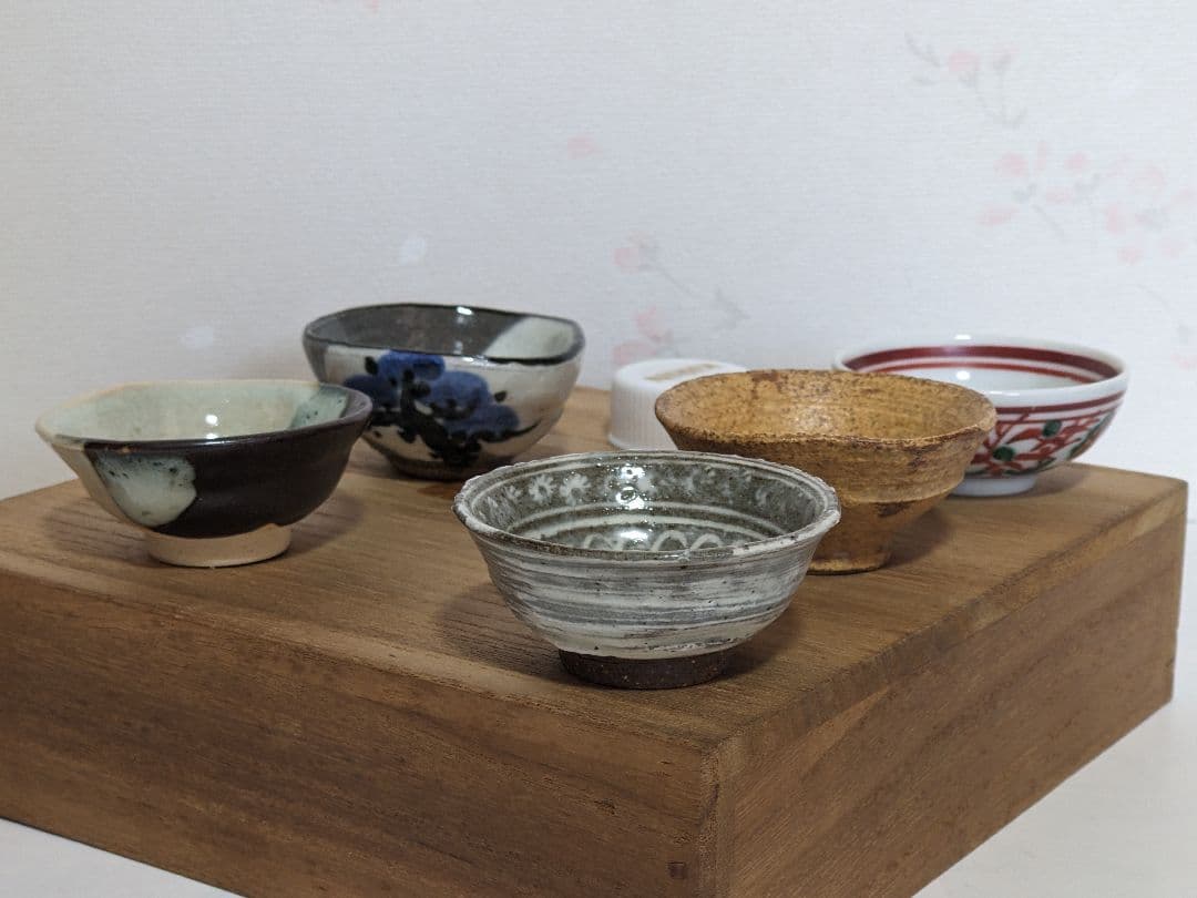 ♦京焼 清水六兵衛窯 色変わり酒器 小盃五種 黄瀬戸 唐津 赤絵九谷 共箱骨董品