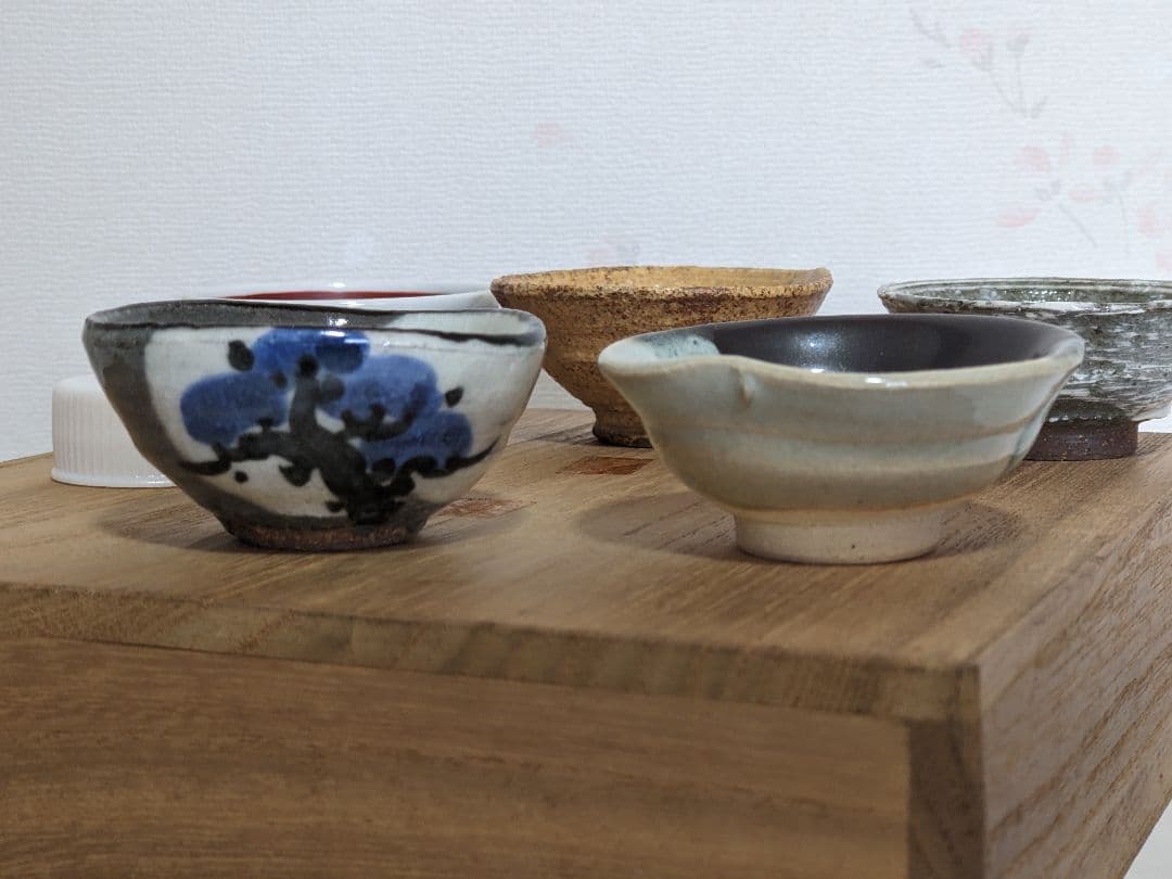 ♢京焼 清水六兵衛窯 色変わり酒器 小盃五種 黄瀬戸 唐津 赤絵九谷 共