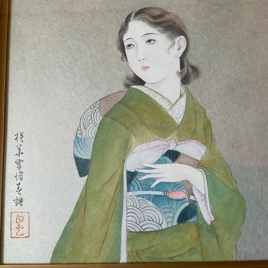 肉筆画　模写　日本画 女性像 金色フレーム 約40cm x 35cm