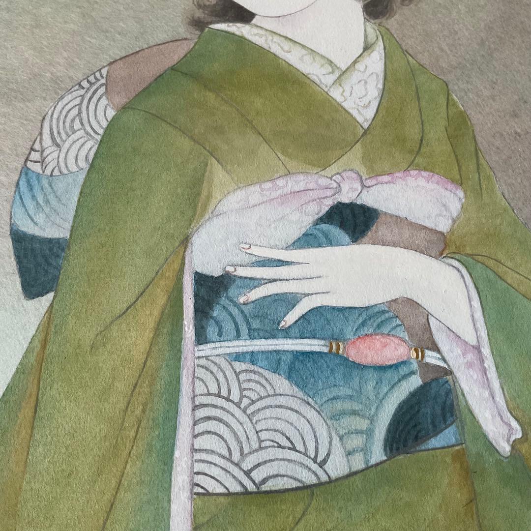 肉筆画　模写　日本画 女性像 金色フレーム 約40cm x 35cm