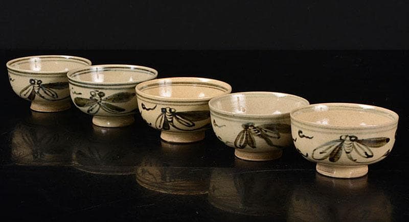 萬古焼　安南模写　蜻蛉絵　酒盃　煎茶器　五客　時代箱付　V　R4747