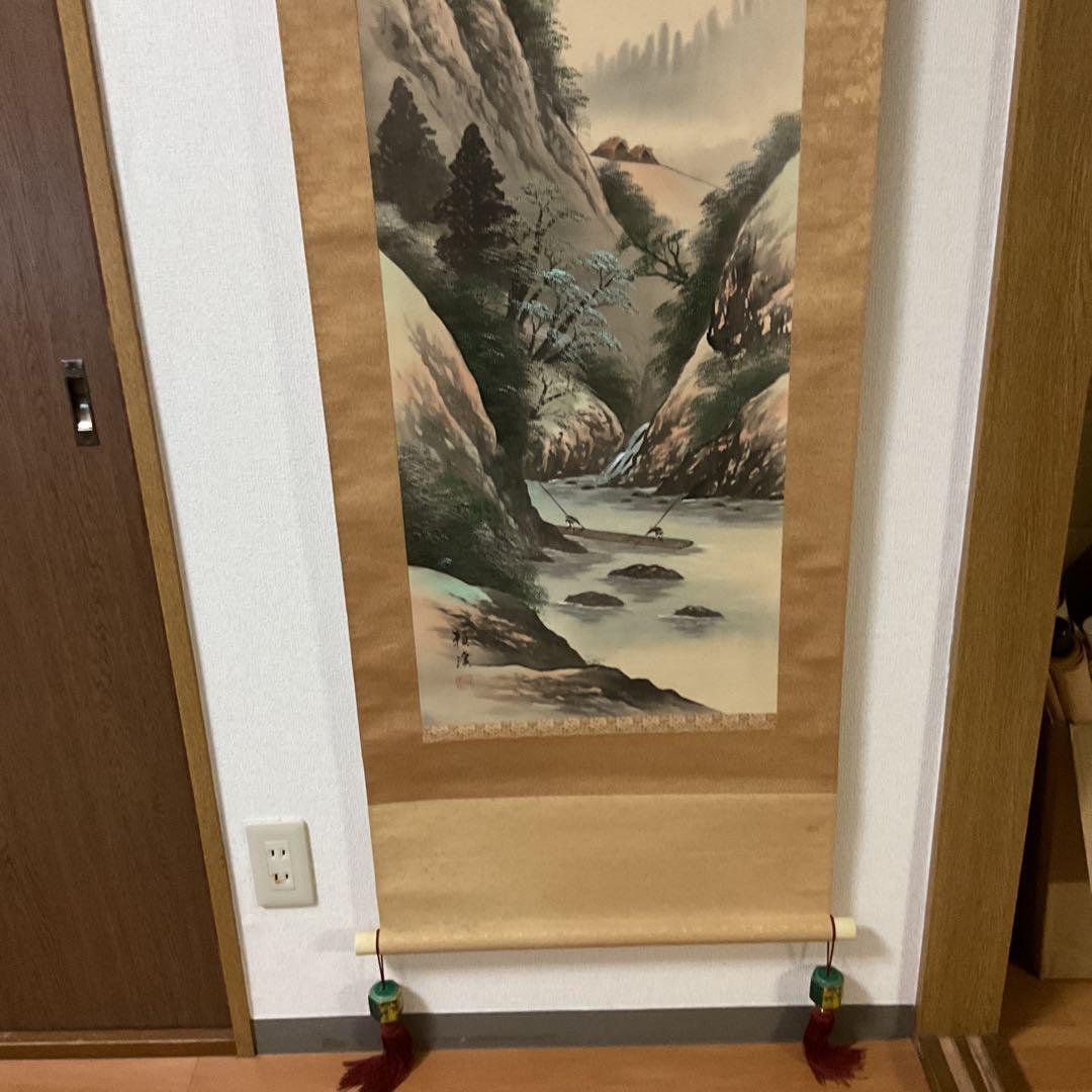 富田頼渓 絹本彩色画山水図 表具絹本共概ね良好 桐合箱