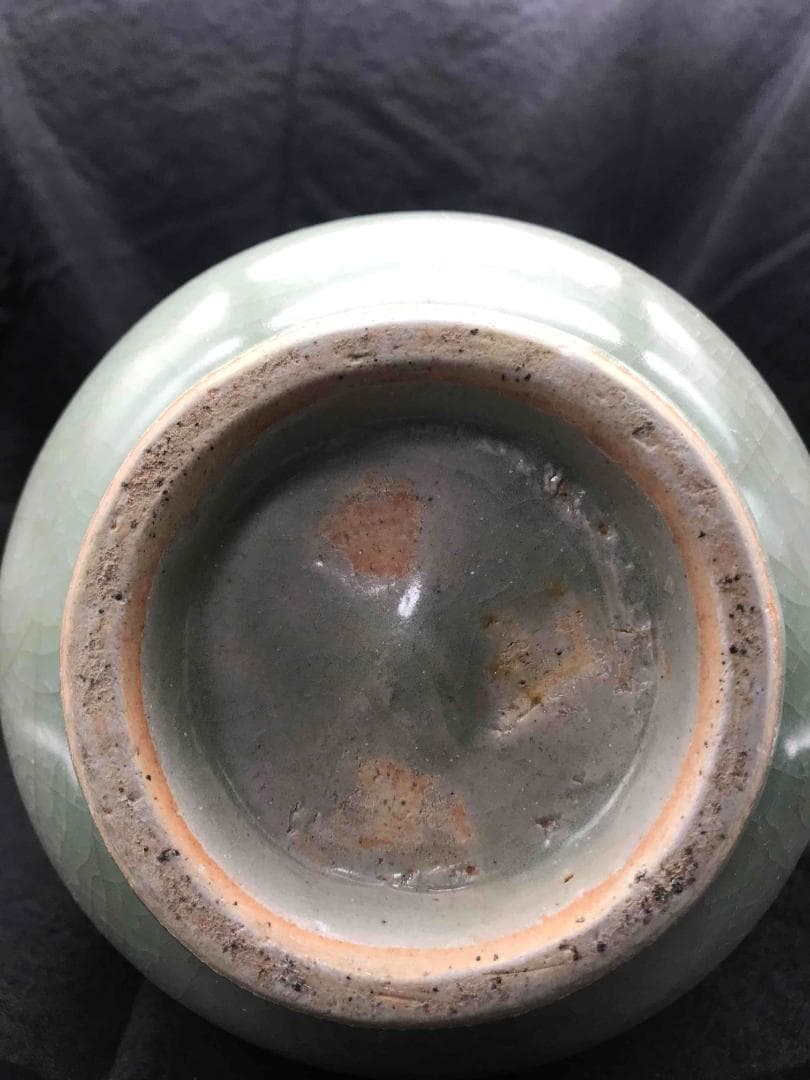 中国古玩 元時代 青磁 龍泉窯双耳瓶 旧家コレクション 蔵出し(A-35