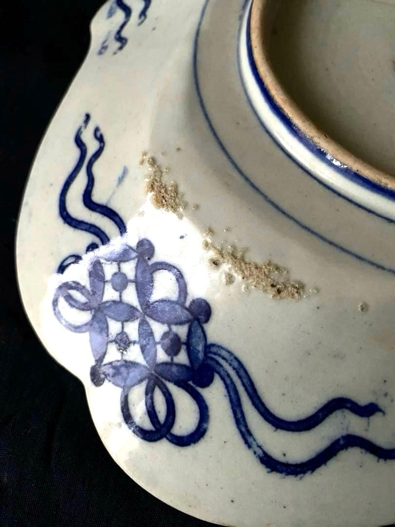 骨董　明治印判皿　鶴亀吉祥図菱皿　変形皿