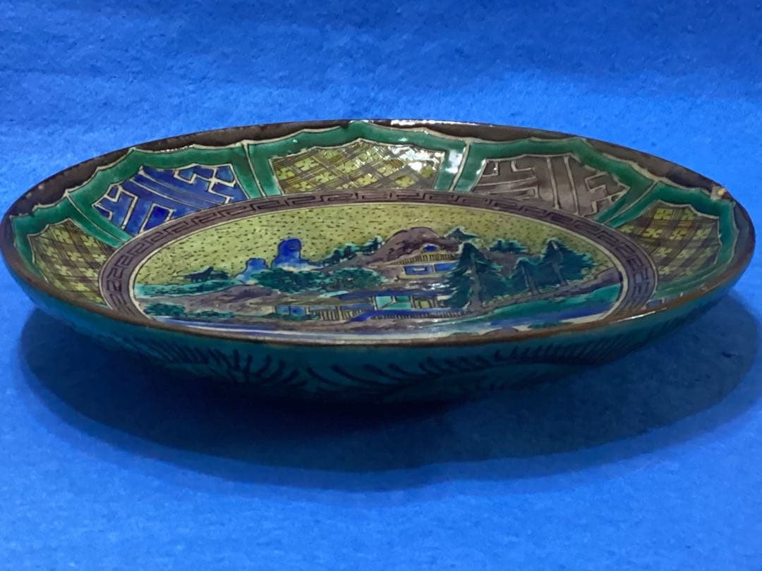 青手　再興九谷　五彩　山水色絵　緑角福　江戸時代後期〜幕末　皿　骨董　希少品