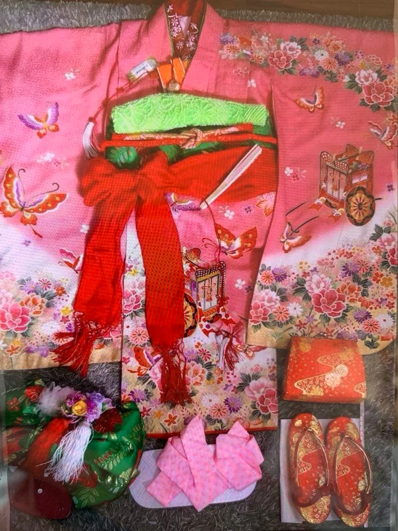 七五三　7歳　フルセット　ピンクの蝶と花模様の着物