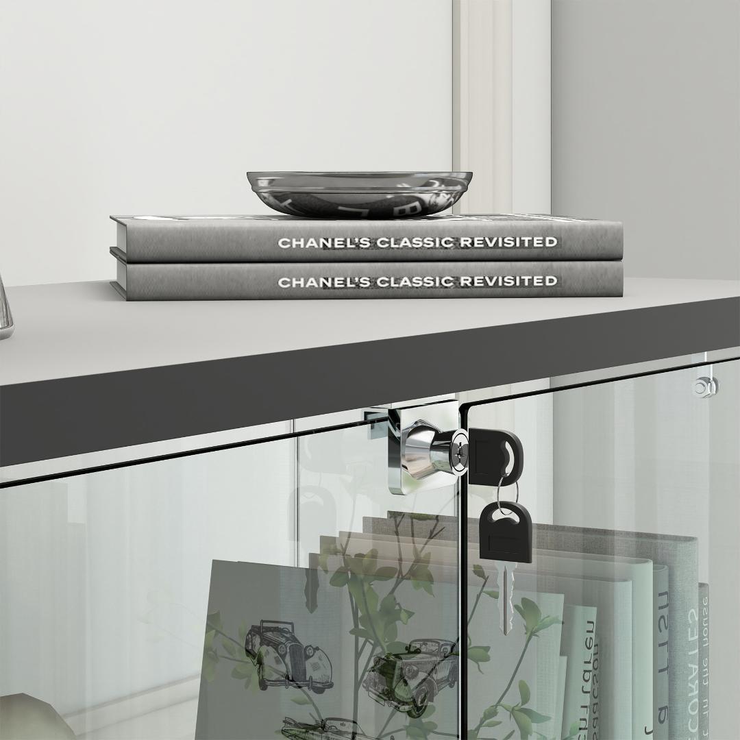 ブラック+ナチュラル】LED・引出し付 ガラス収納キャビネット4段 両開