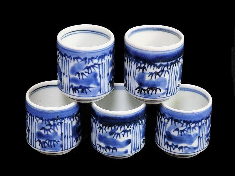 古伊万里　染付　雪持ち笹の図　猪口　のぞき ５客　A787AS-CBb
