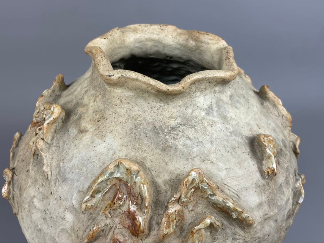 古鍋島 花瓶 青緑山水浮彫 細密細工 飾壺 銘工 在銘 作家