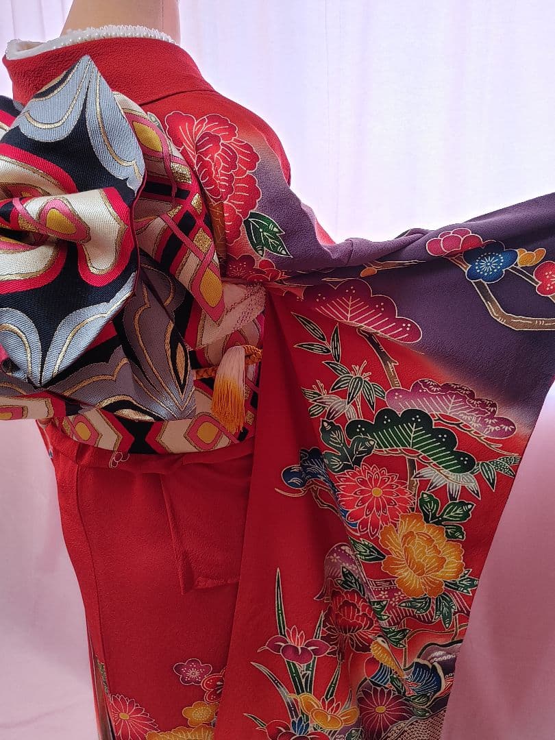 振袖 袋帯 帯揚げ 帯締め セット 赤 染め分け 草花 振袖 袋帯 帯揚げ
