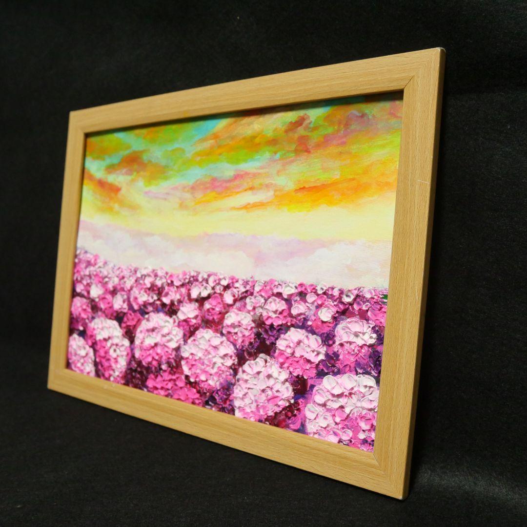 油絵 油彩 油彩画 絵 絵画【天空の夕日と紫陽花】