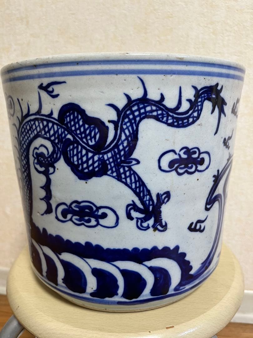 中国清代染付鉢　特大　香炉　筆立　昇龍　縁起物　運気上昇