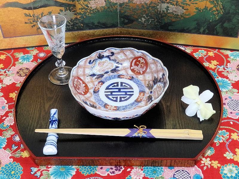 古伊万里 金襴手 菊花四方襷紋に吉祥紋の図 膾皿 2客 D960AS-fbtt