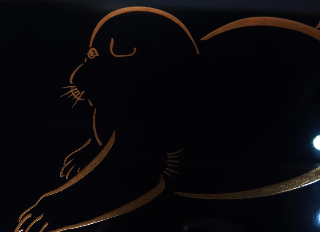 小松芳光作/蒔絵犬図長方盆/加賀蒔絵/石川県無形文化財/共箱