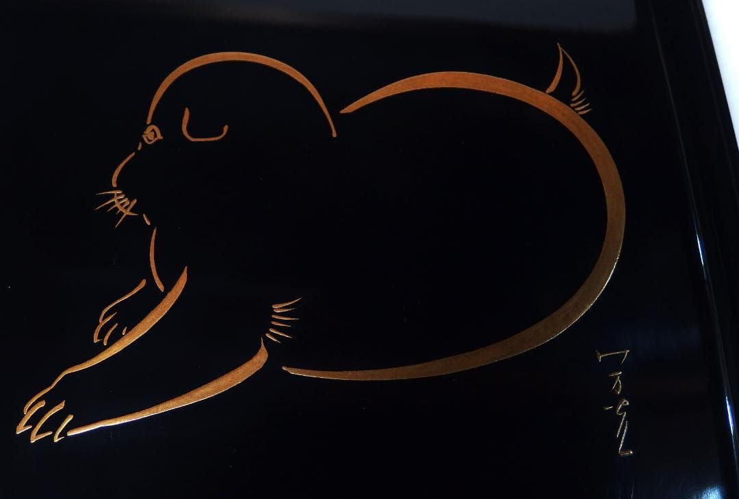 小松芳光作/蒔絵犬図長方盆/加賀蒔絵/石川県無形文化財/共箱