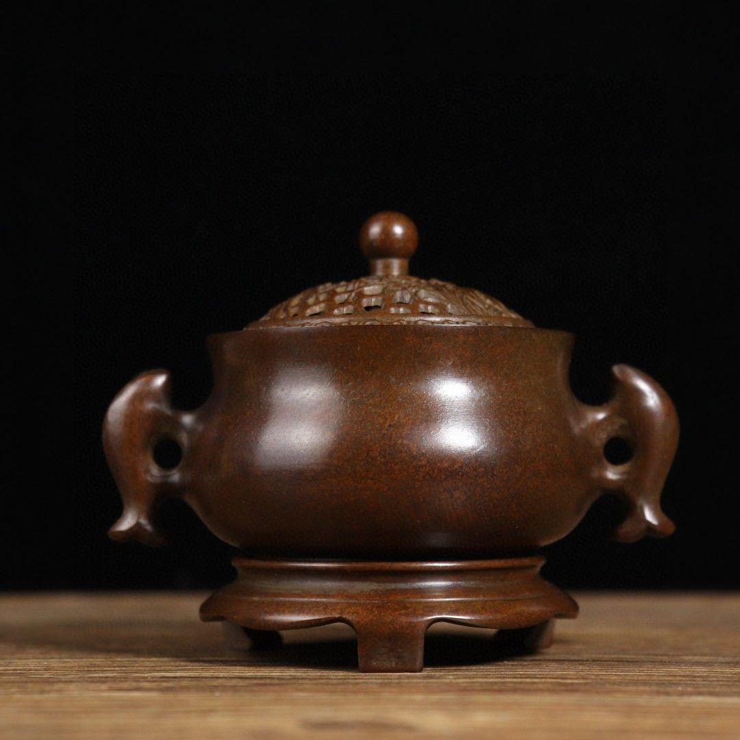 銅製 双魚耳香炉 室内盤香炉 茶道香り炉 香道具 工芸品 置物