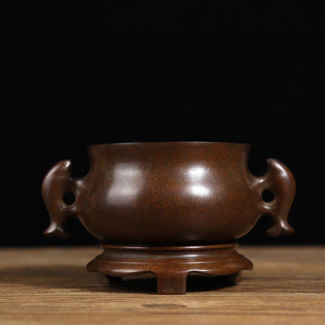 銅製 双魚耳香炉 室内盤香炉 茶道香り炉 香道具 工芸品 置物