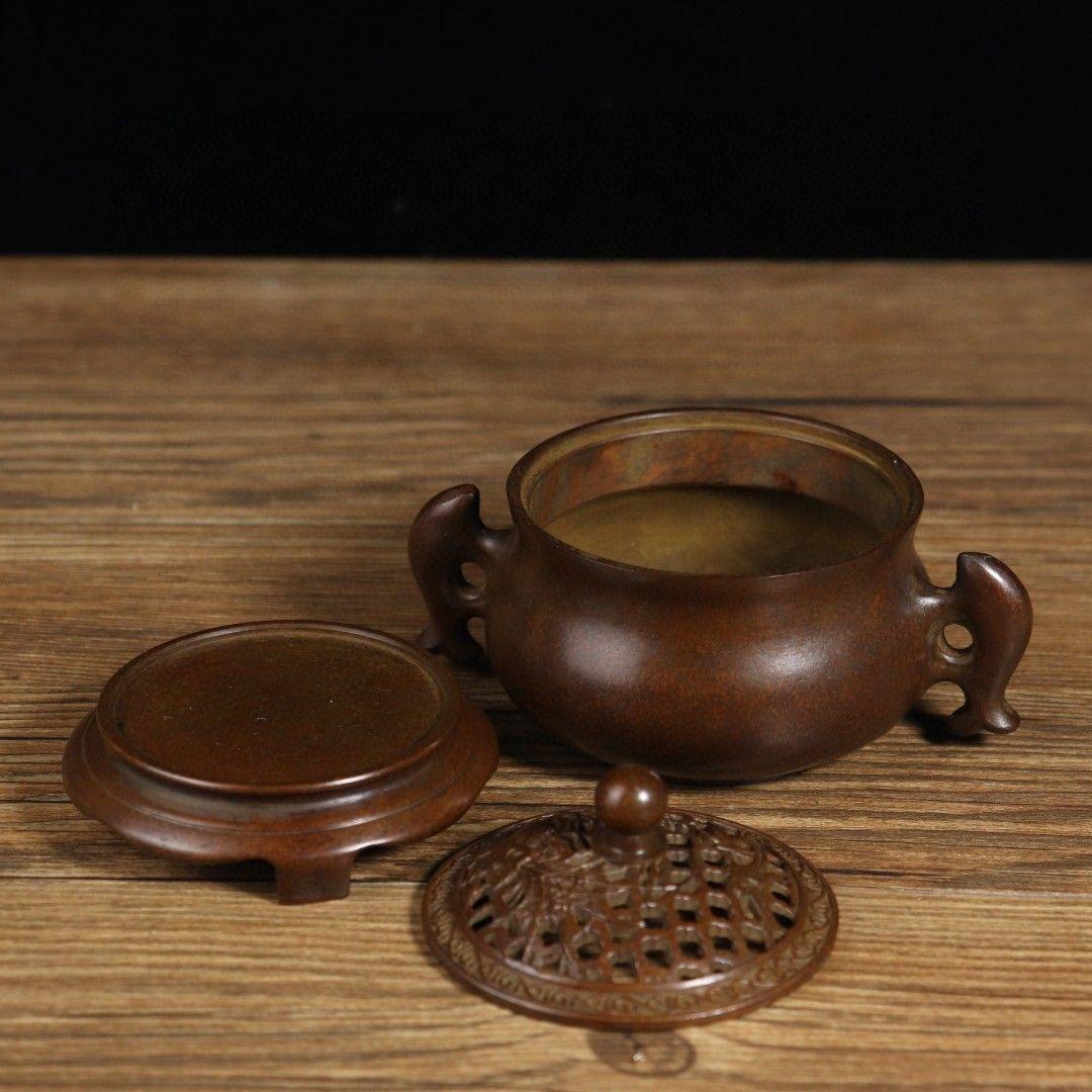 銅製 双魚耳香炉 室内盤香炉 茶道香り炉 香道具 工芸品 置物