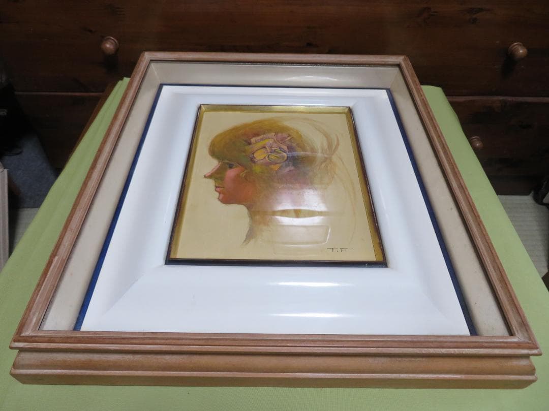 ◆ 作者不明　「少女像」（仮題）　油彩　F3号   アンティーク額◆