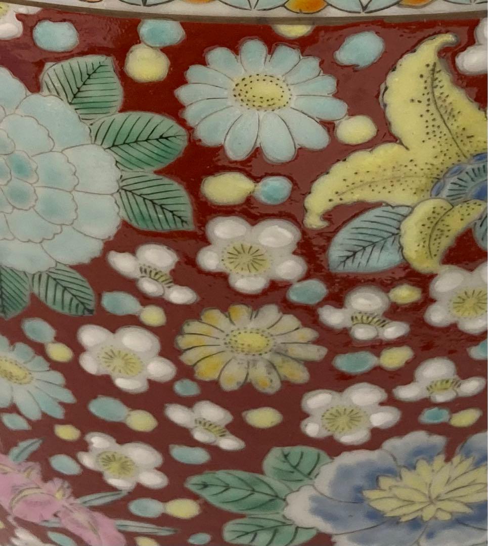 B182s 十錦手「花尽くし火鉢」菊・梅・牡丹 手焙り 鉢カバー 七宝繋