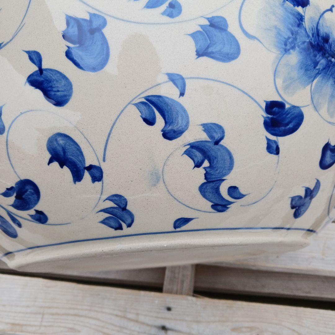 新品 ∅50 陶器 睡蓮鉢 大型 メダカ鉢 難有 手書き絵 花柄 手造り