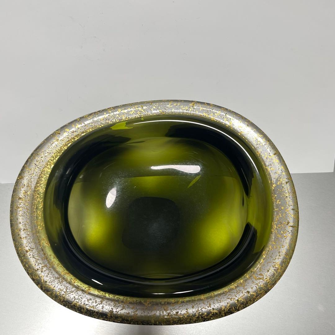 迫二郎作 金箔貼り渕ガラス鉢 オリーブグリーン