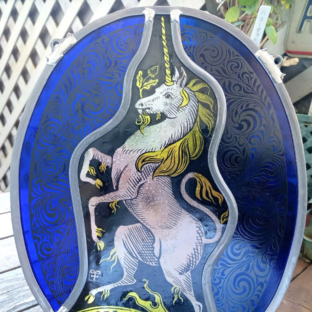ステンドグラス Unicorn ユニコーン青の大判 ショップ グラスマスターズ社