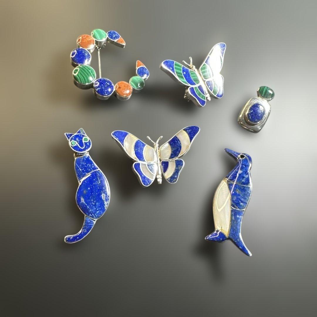 猫　ペンギン　蝶　シルバー970 ラピス　マラカイト　ブローチ他　2way 猫 ペンギン 蝶 シルバー970 ラピス マラカイト ブローチ他 2way