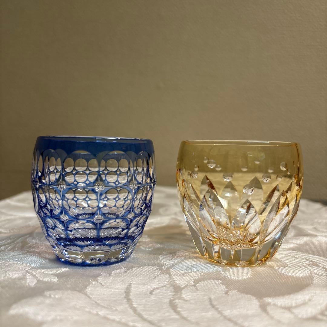 江戸切子 カガミクリスタル 冷酒杯 「紫陽花」「向日葵」 鍋谷聡作