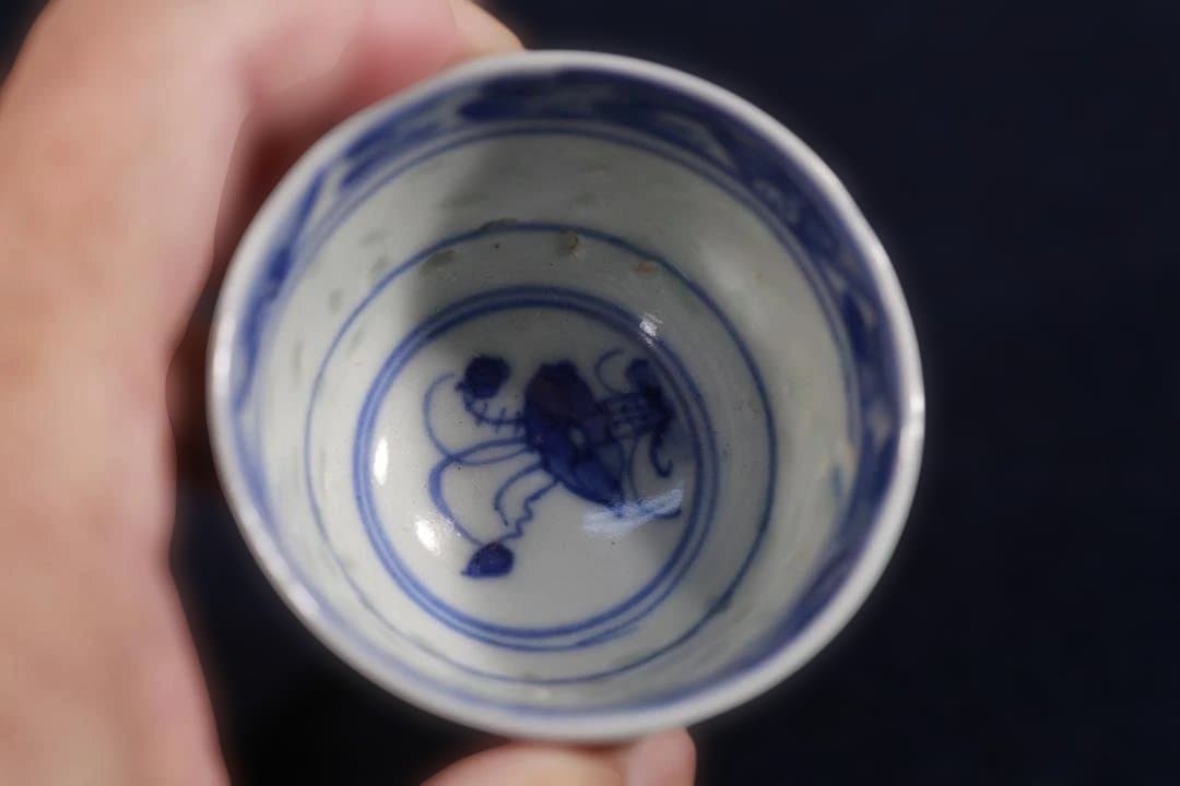 500　中国清朝染付ホタル手在銘珍品煎茶猪口　無傷　清朝期