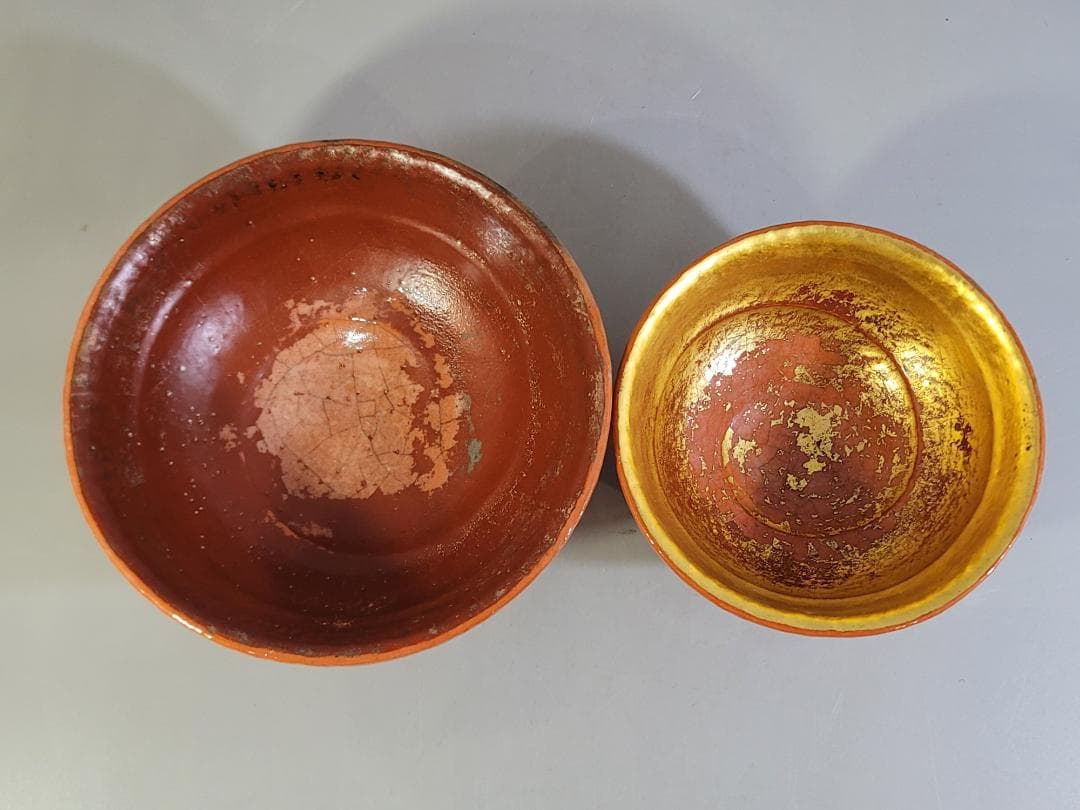 極美品】嶋台茶碗 赤楽金銀一双 川崎和楽造