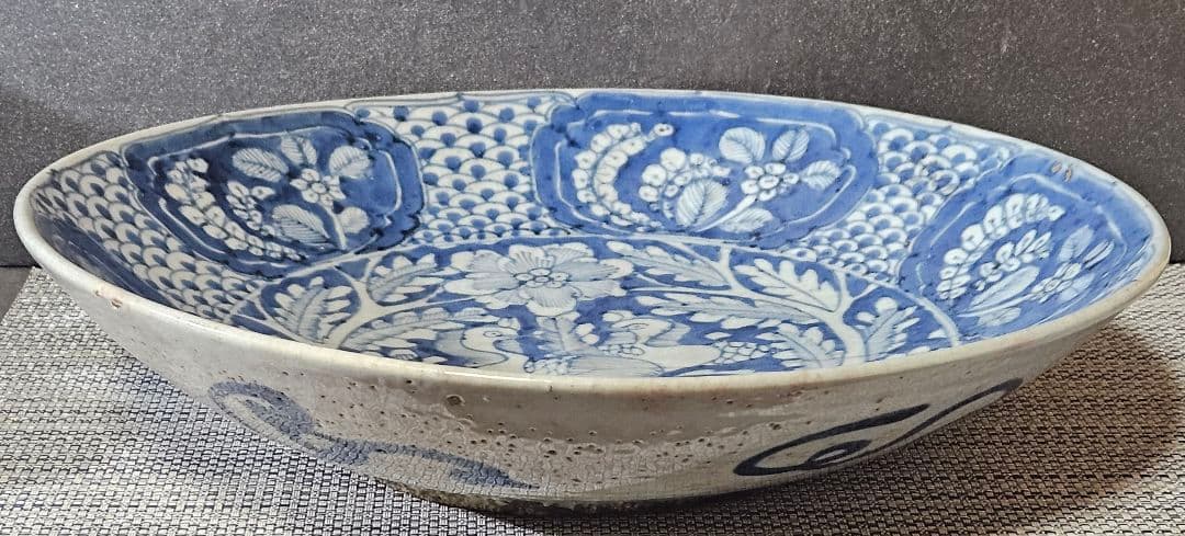 中国古陶磁 明代 17世紀前期 双鳳凰図 呉須鉢 古染付 大皿 大鉢33.3cm