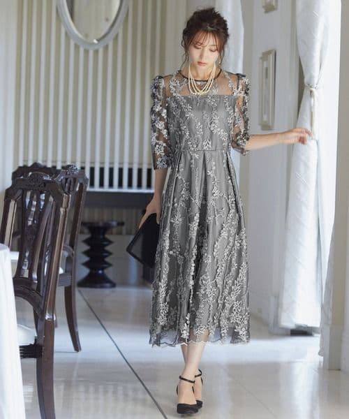 【niana】刺繡レース バックリボン パーティードレス 結婚式 オケージョン