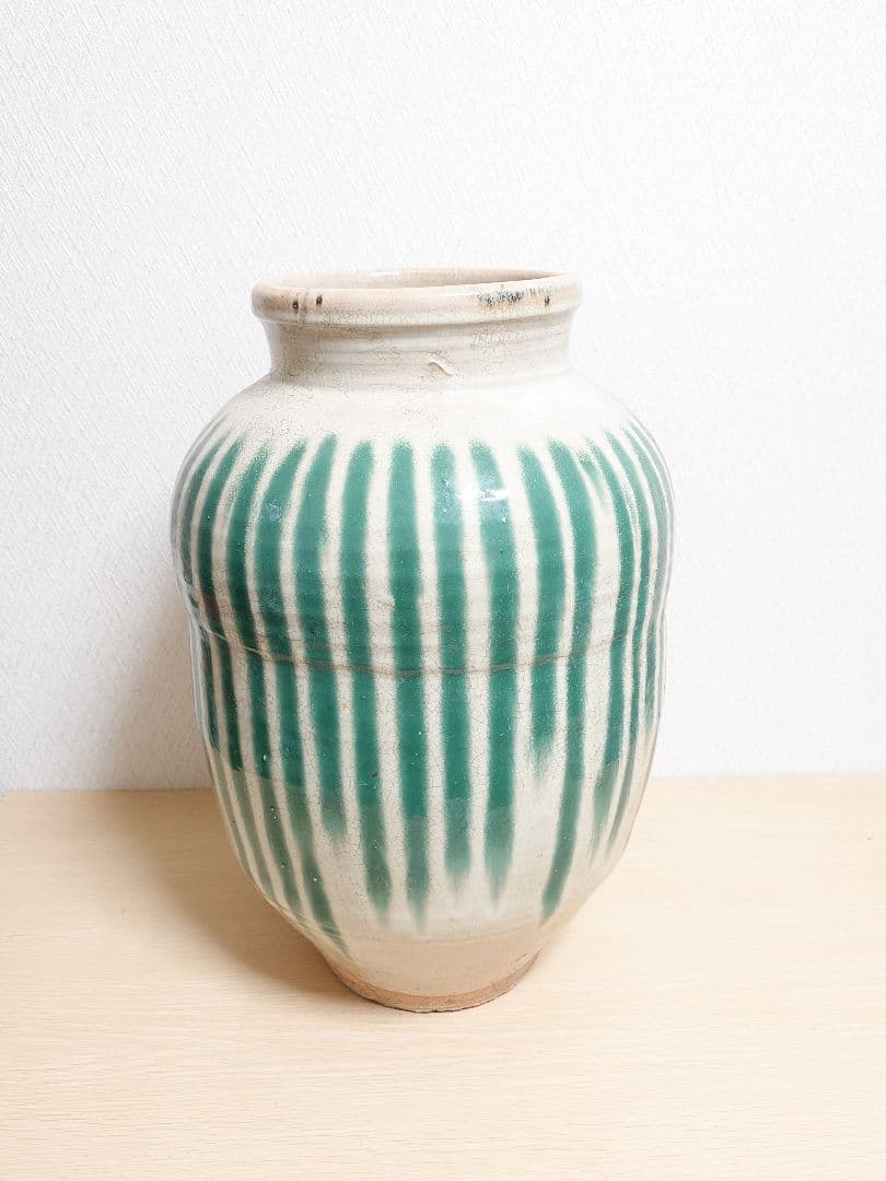 信楽焼？茶壺 大壺 すだれ壺 ストライプ柄 明治 アンティーク 骨董 中古品 信楽焼？茶壺 大壺 すだれ壺 ストライプ柄 明治 アンティーク 骨董 中古品