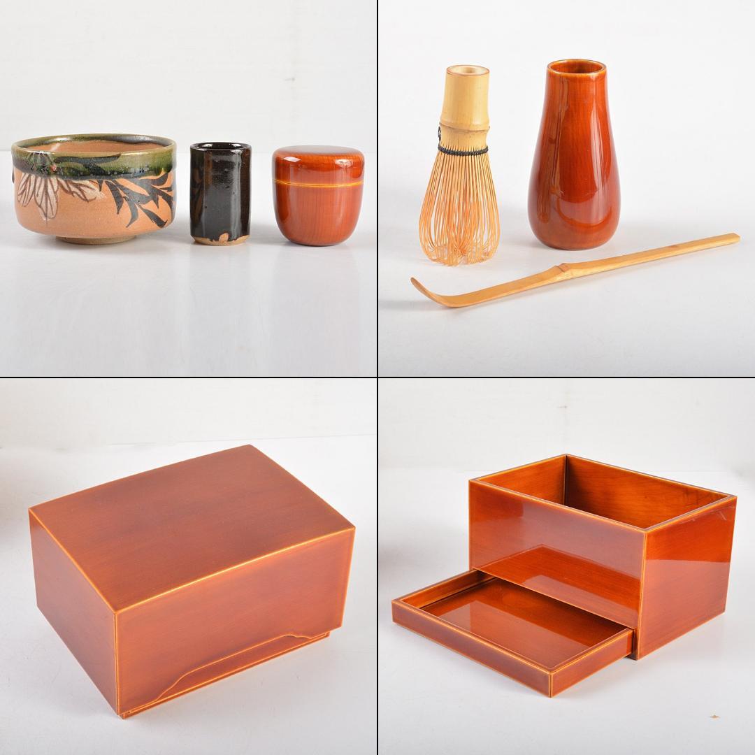 茶道具　飛騨春慶塗　茶箱　棗　茶碗など　五点　一式　共箱　M　R5769