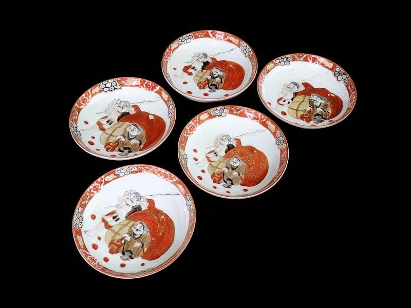 九谷焼　恵比寿大黒の図　橋田画　４寸皿　５枚　C317AS-COg